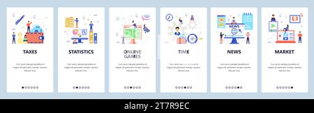 Onboarding for web site, mobile app. Menu banner vector template for website and application development. Taxes, Statistics, Online games, Time, News, Stock Vector