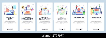 Onboarding for web site, mobile app. Menu banner vector template for website and application development. Project development, Content management, Wor Stock Vector