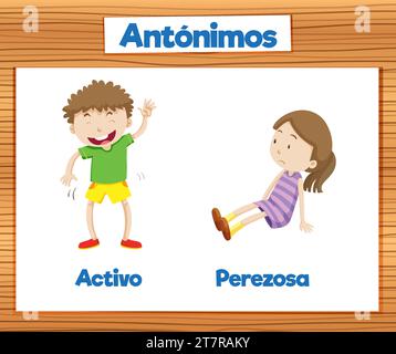 A vector cartoon illustration depicting the antonyms 'Activo' and 'Perezosa' in Spanish language education Stock Vector