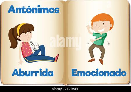 Illustrated picture card in Spanish depicting the antonyms 'aburrida' (bored) and 'emocionado' (excited) for educational purposes Stock Vector
