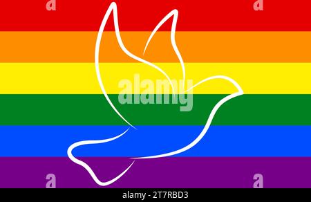 eps vector illustration with white peace dove in front of rainbow flag as a sign for lgbtg and against war Stock Vector