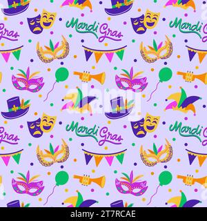 Mardi Gras Festive Elements on Purple Seamless Pattern Design Stock Photo