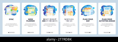 Orginizer and task management app. Planner, note taking, to do list manager. Mobile app onboarding screens. Vector banner template for website and mob Stock Vector