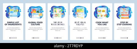 Cooking recipes online, step by step cook guide, world food cuisine, recipe book. Mobile app onboarding screens. Menu vector banner template for websi Stock Vector