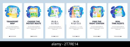 Public transport route and information. Navigation map, GPS navigation in your phone. Mobile app onboarding screens. Vector banner template website mo Stock Vector