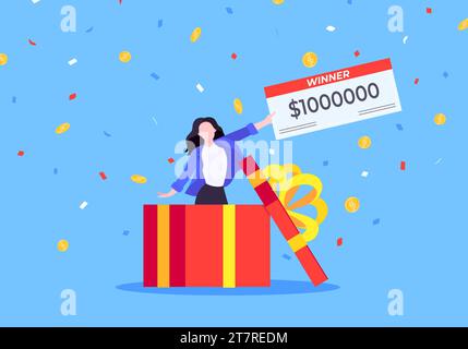 Happy lottery winner with big prize paycheck. Fortune lottery or casino gambling lucky games concept flat style design vector illustration. Person sta Stock Vector