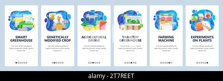 Smart greenhouse farm and remote control by mobile phone. GM crops, agriculture drone, tabletop greenhouse. App screens. Vector template for website m Stock Vector