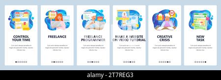 Time and task management phone app. Freelancer and software developer. Inspiration and creative crisis. Mobile app screens. Vector template website mo Stock Vector