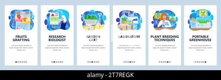 Biology science lab and biotechnology research. Greenhouse, plants breeding lab. Mobile app onboarding screens. Vector banner template for website and Stock Vector