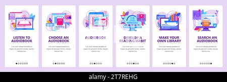 Audiobook mobile phone app. Audio books digital library. Onboarding screens. Menu vector banner template for website and mobile development. Web site Stock Vector