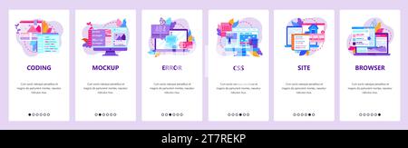 Web development and coding mobile phone app icons. 404 error, css and html code, computer technology. Onboarding screens. Vector template for website Stock Vector