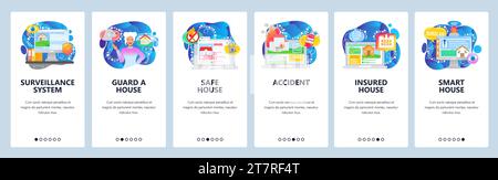 House safety and protection, surveillance system, smart house, accident insurance. Mobile app onboarding screens. Menu vector banner template for webs Stock Vector