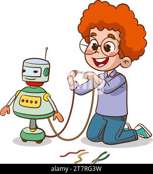 vector illustration of children playing with robot Stock Vector