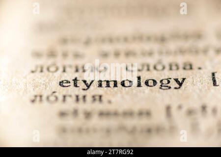 focus on etymology word printed inside vintage dictionary Stock Photo