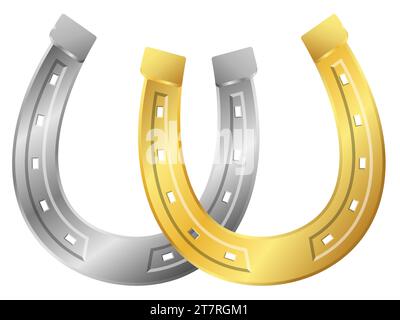 Golden and silver horseshoe vector illustration. Good luck symbol isolated on a white background. Stock Vector
