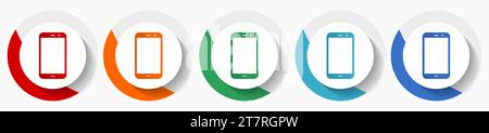 Smartphone, mobile phone vector icon set, flat design colorful round icons in 5 color options for webdesign and mobile applications Stock Vector