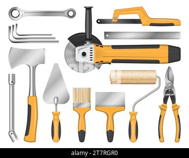 Set of realistic hand tools - angle grinder, axe, wrench, putty knife, trowel, snips, brush, paint roller, hacksaw, ruler. Stock Vector