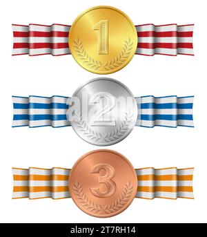 Golden, silver, bronze sports medal realistic vector illustration. Set of medals for awarding champions and winners with laurel wreath Stock Vector