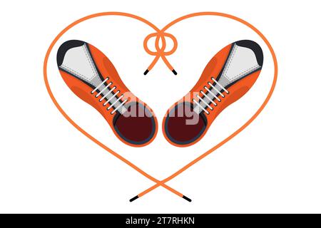 Two sneakers with a heart shaped shoelaces. Top view. A pair of gym shoes with long laces. Isolated vector illustration on white background. Stock Vector