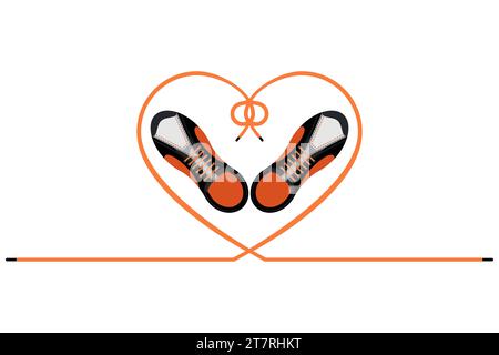 Two sneakers with a long heart shaped shoelaces. Top view. A pair of gym shoes with long laces. Isolated vector illustration on white background. Stock Vector