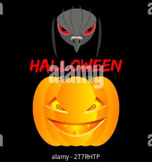 Halloween with raven and pumpkin on black background. Spooky and scary vector illustration. Stock Vector