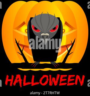 Halloween with raven and pumpkin on black background. Spooky and scary vector illustration. Stock Vector