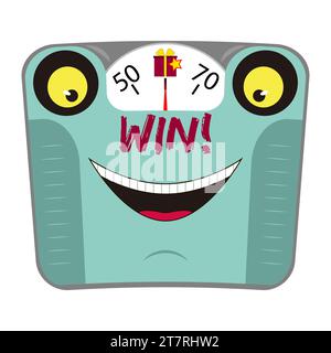 Funny mechanical body weight scale with face and smile. Win over excess weight. Concept healthy lifestyle. Cartoon character. Vector illustration. Stock Vector