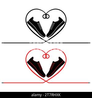 A pair of sneakers and a heart shaped shoelaces. A pair of gym shoes with long laces. Isolated vector illustration on white background. Flat style. Stock Vector