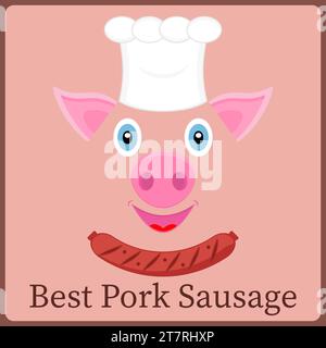 Pig chef with cook hat and sausage grill. Best pork sausage. Cartoon character. Vector illustration. Stock Vector