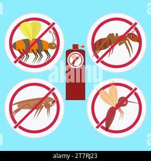 Prohibition signs with insects. Repellent spray insect in a bottle. Protection from the mosquito, cockroach, ant. Aerosol for bug bite prevention. Vec Stock Vector