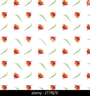 Watercolor red tulip buds and green leaves seamless pattern. Hand drawn illustration with colorful spring flowers for textile design or wrapping paper Stock Photo