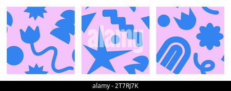 Cool Brutalism seamless pattern set. Naive playful abstract shapes in trendy brutalist style. Brutal contemporary figure. Swiss design Geometric background for poster, T-shirt. Vector illustration.  Stock Vector