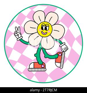 1970 Cartoon Smile Daisy with Pink Trippy Grid Background. Hippie Aesthetic. Hand-Drawn Vector Illustration. Kids Graphic T-shirt, Cover or Sticker. Stock Vector