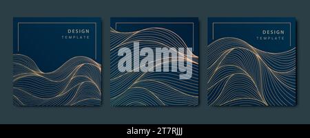 Vector set of luxury fancy golden patterns, linear style wavy cards. Art deco flow, ocean, river banners, wave post templates for social net, tags Stock Vector