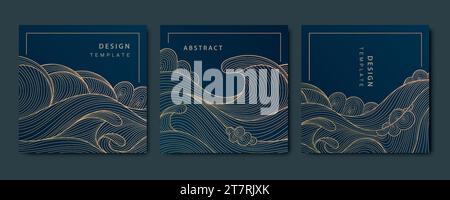 Vector set of luxury fancy golden patterns, linear style wavy cards. Art deco flow, ocean, river banners, wave post templates for social net, tags Stock Vector