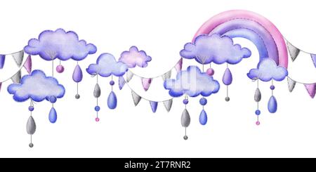 A stitched rainbow with clouds and raindrops hanging from ropes in blue, purple and pink. Childish cute hand drawn watercolor illustration. Seamless Stock Photo