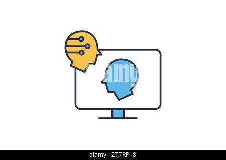 digital twin icon. screen with head robotic, digital replicas of physical assets for monitoring, and optimization. icon related to technology. line ic Stock Vector