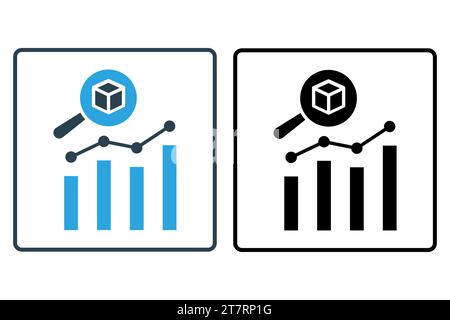 Big data analytics icon. Magnifying glass over data analytics charts. icon related to industry, technology. solid icon style. simple vector design edi Stock Vector