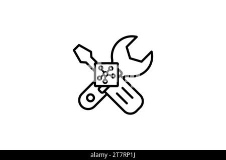 Predictive maintenance icon. Wrench and cpu. predictive maintenance strategies. icon related to industry, technology. line icon style. simple vector d Stock Vector