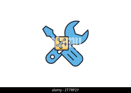 Predictive maintenance icon. Wrench and cpu. predictive maintenance strategies. icon related to industry, technology. flat line icon style. simple vec Stock Vector