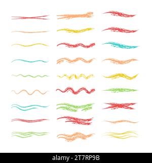 Collection of strikethrough multi colored charcoal crayon underlines. different doodle colorful wavy lines emphasis. Horizontal hand drawn marker stri Stock Vector