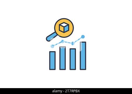 Big data analytics icon. Magnifying glass over data analytics charts. icon related to industry, technology. flat line icon style. simple vector design Stock Vector