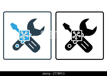 Predictive maintenance icon. Wrench and cpu. predictive maintenance strategies. icon related to industry, technology. solid icon style. simple vector Stock Vector