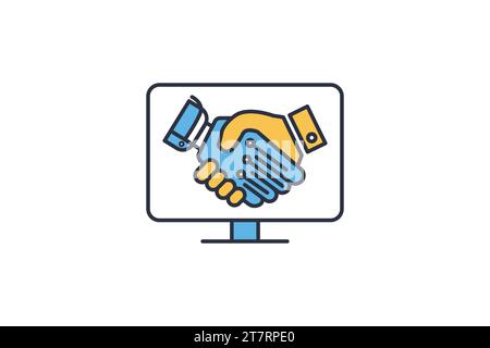 Collaborative tools icon. handshake, human working together with digital tools. icon related to industry, technology. flat line icon style. simple vec Stock Vector