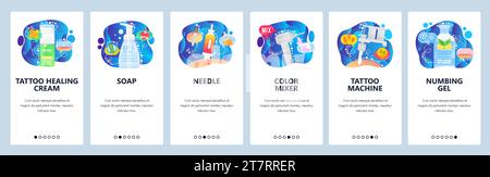 Tattoo shop tools and accessories, tattoo machine, color mixer, needle, numbing gel. Mobile app onboarding screens. Menu vector banner template for we Stock Vector