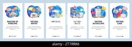 Tattoo salon accessories, piercing tools, tattoo artist, chair, autoclave. Mobile app onboarding screens. Menu vector banner template for website and Stock Vector