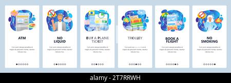 Airport terminal icons, book flight online, trolley, no smoking sign. Mobile app onboarding screens. Menu vector banner template for website and mobil Stock Vector