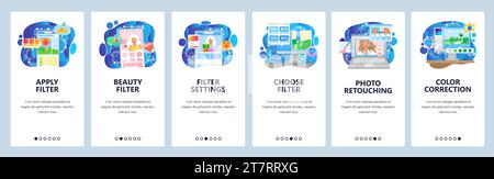 Photo sharing app, filter settings, photo retouch, beauty blog. Mobile app onboarding screens. Menu vector banner template for website and mobile deve Stock Vector