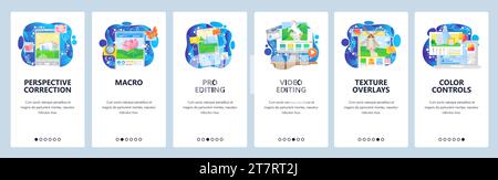 Photo and video editing software, macro photography, color enhancements. Mobile app onboarding screens. Menu vector banner template for website and mo Stock Vector
