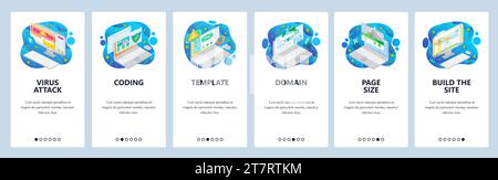 Cyber security, virus attack, coding, domain, isometric icons. Mobile app onboarding screens. Menu vector banner template for website and mobile devel Stock Vector